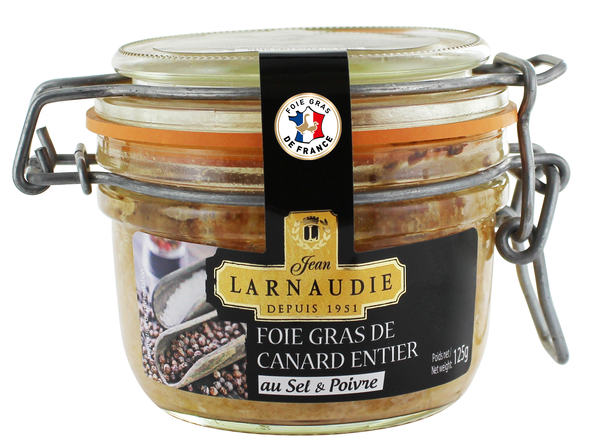 Jar of duck foie gras with fine sea salt